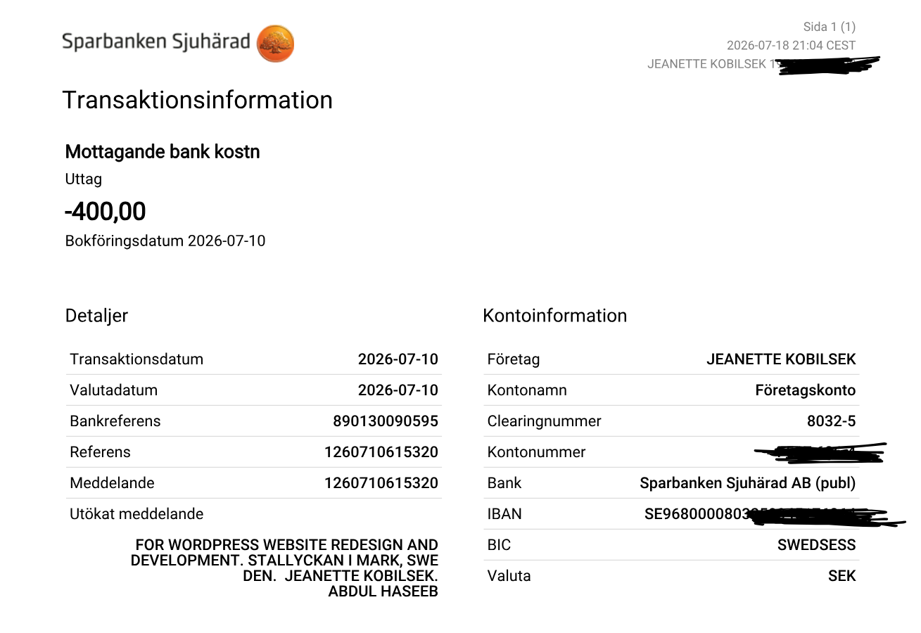 Sparbanken Sjuharad bank receipt for the receiving bank cost of 400 SEK for the Stallyckan i Mark website payment